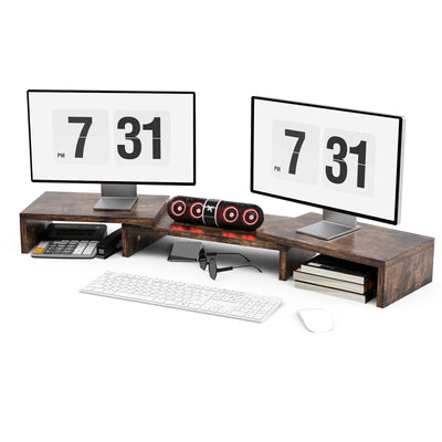 Dual Monitor Stand 3 Shelf Computer Monitor Riser Wood Desktop Stand with Adjustable Length and Angle Desk Accessories Office Supplies